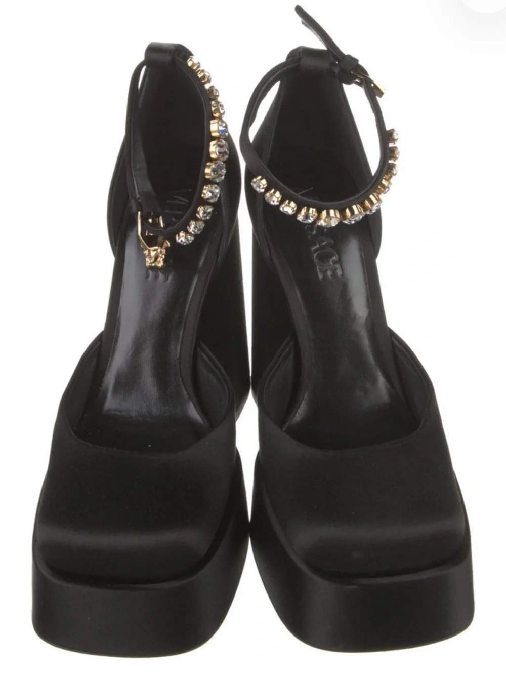 Versace Black Platform Ankle-Strap Heels with Crystal Embellishment
